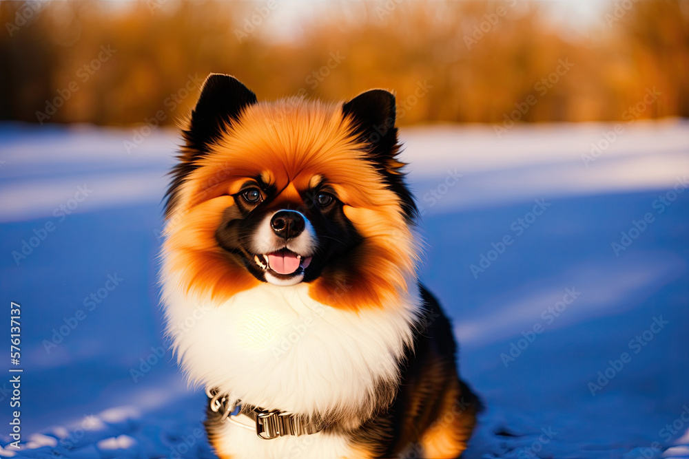 Obraz premium Pomeranian spitz toy dog outdoor, generative ai. Cute puppy smiling