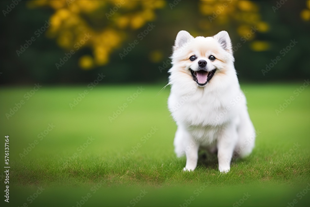Pomeranian spitz toy dog outdoor, generative ai. Cute puppy smiling Pomeranian spitz toy dog outdoor, generative ai. Cute puppy smiling