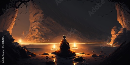 An image of a Buddhist monk seated in a recess, Generative AI photo