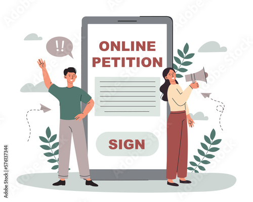 Online petetion concept. Man and woman defend their rights, democracy and freedom of speech. Civil and responsible society. Modern technologies and digital world. Cartoon flat vector illustration