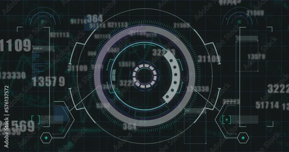 Animation of multiple changing numbers over interface with round scanner and data processing Animation of multiple changing numbers over interface with round scanner and data processing