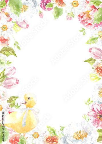 Watercolor Easter floral frame illustration. Botanical spring flower frame, wreath, chaplet, peony,rose, cute Easter duck animal clipart, baby shower, happy birthday invite,border, banner, wallpaper 