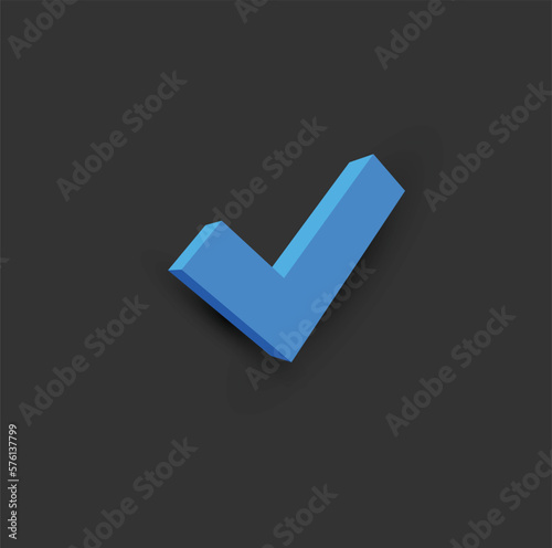 Blue checked sign in 3d style. Accept or approved icon design. User interface. Vector illustration.