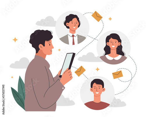 Sending message concept. Man with smartphone communicates with colleagues and friends. Social networks and messengers. Chatting and correspondence on Internet. Cartoon flat vector illustration