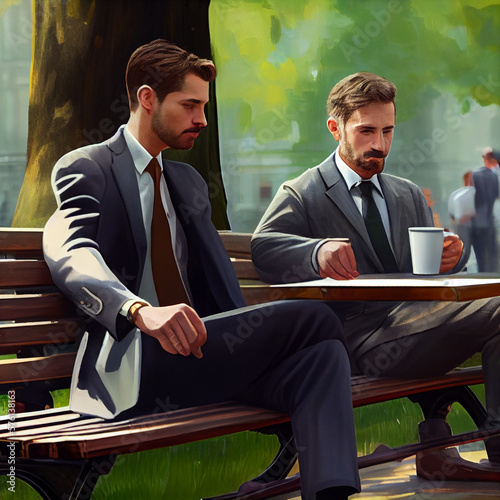 Two Businessmen In A  Coffee meeting, 4k, Painting