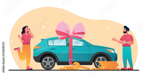 Automobile purchase concept. Man sells vehicle, car to woman. Transactions and financial literacy, dealer and client. Advertising poster or banner for website. Cartoon flat vector illustration