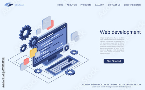 Web application development, website construction, program coding flat 3d isometric vector concept illustration
