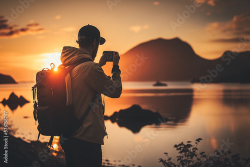 Traveler taking photo of sunset. Generative IA