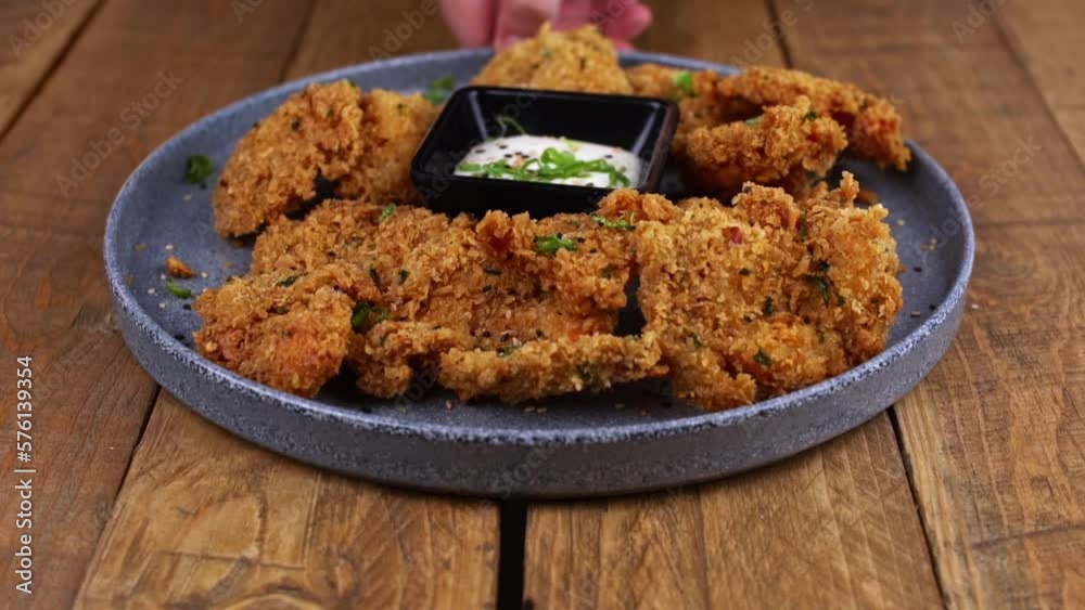 Closeup of breaded shrimp and chicken dish with ranch dressing Closeup of breaded shrimp and chicken dish with ranch dressing