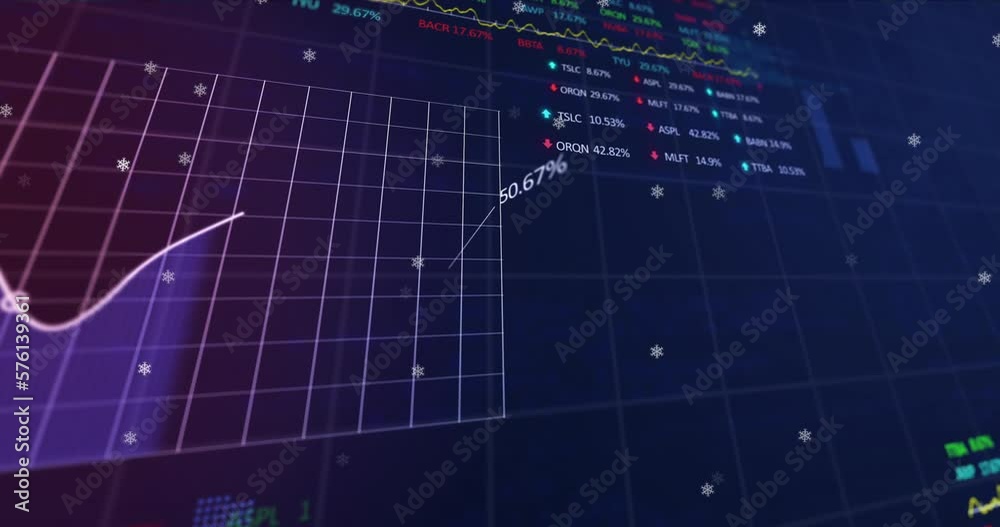 Animation of white particles over statistical and stock market data processing on blue background