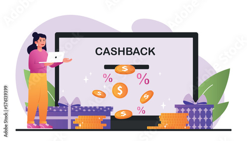 Woman with cashback. Special offers, discounts and promotions. Loyalty program and bonuses for regular customers. Modern method of marketing, online shopping. Cartoon flat vector illustration