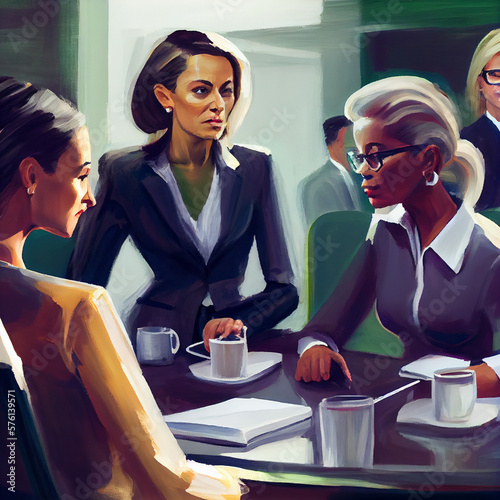 Female College Office Discussion over coffee, 4k, Painting