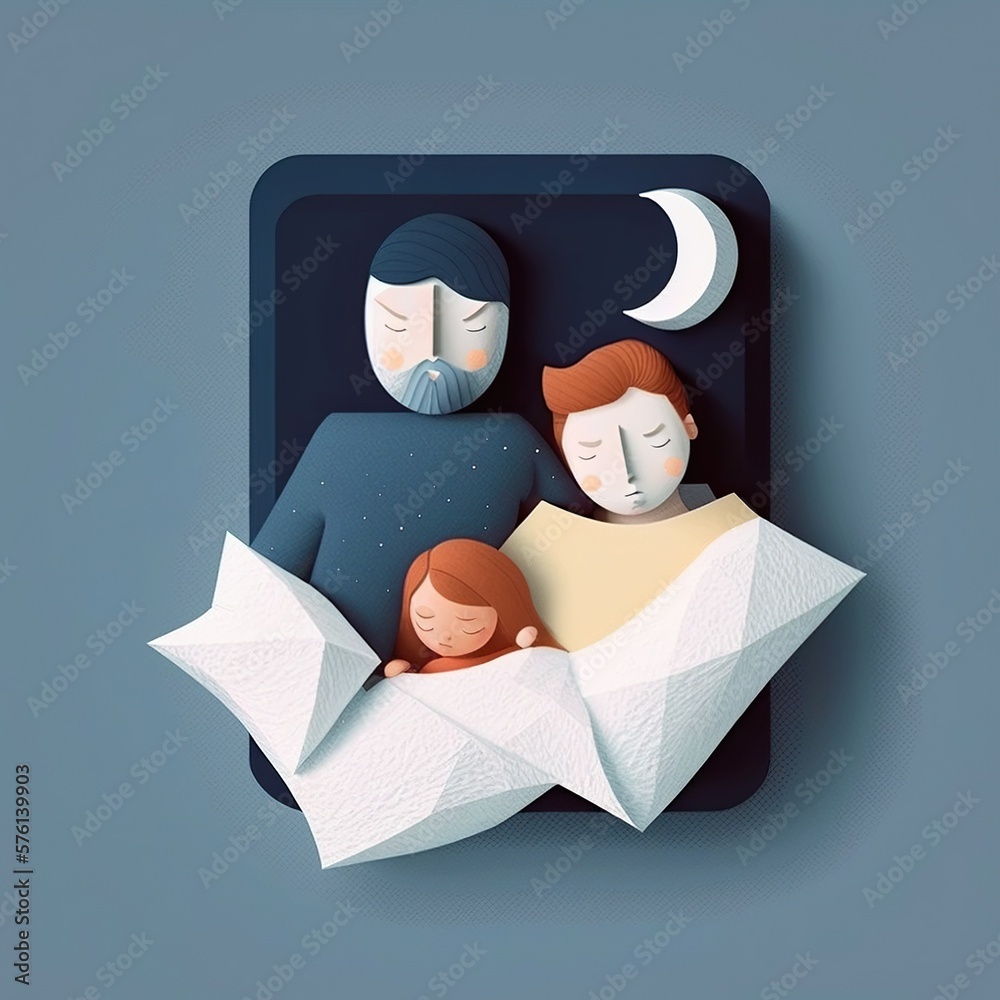 ภาพประกอบสต็อก Top view family woman man and baby sleep on bed cartoon
