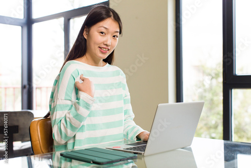 asian pretty telemarketer woman and teleconmmuting concept