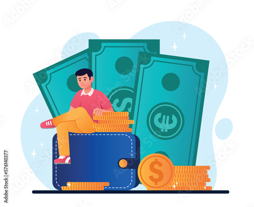 Currency trading concept. Man sits on wallet with dollars and euros. Financial literacy, economics and savings investment. Earnings on Internet and online income. Cartoon flat vector illustration