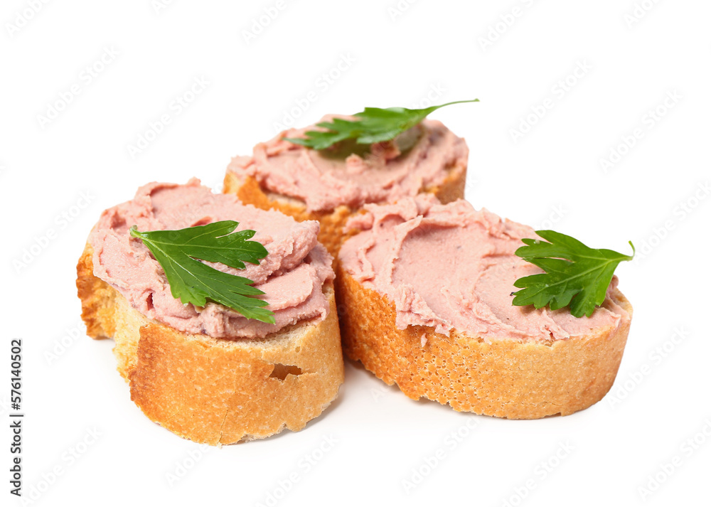Toasts with tasty pate on white background