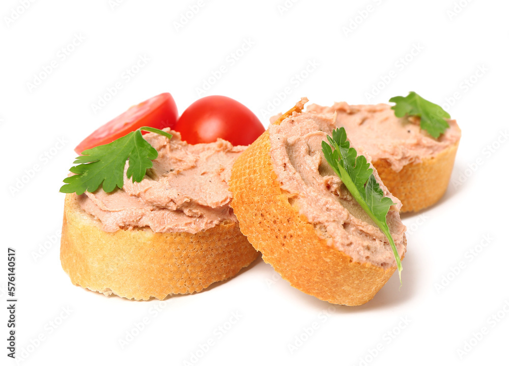 Toasts with delicious pate and tomatoes on white background