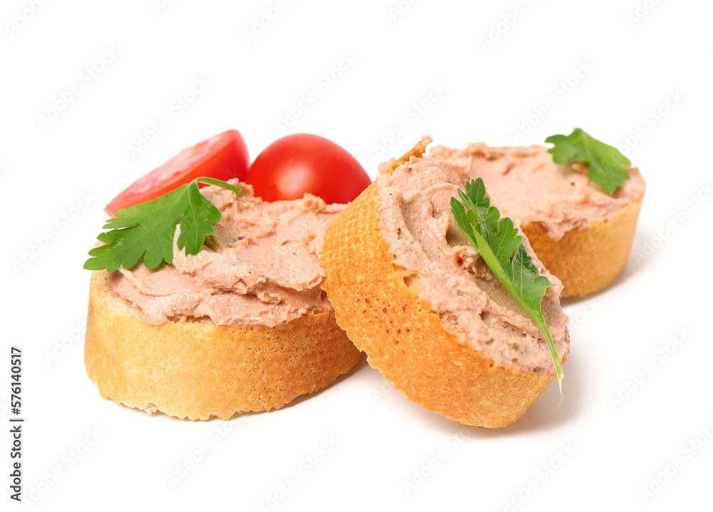 Toasts with delicious pate and tomatoes on white background Toasts with delicious pate and tomatoes on white background