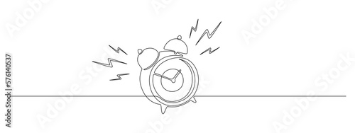 One continuous line drawing of morning alarm clock. Ringing watch to wake up in simple linear style. Reminder and school schedule concept. Editable stroke. Doodle vector illustration