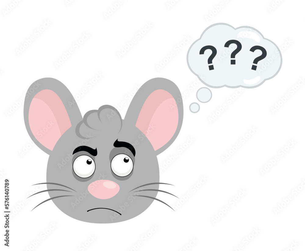 vector illustration face of a cartoon mouse with a thinking expression or doubt, with a thought cloud with question marks