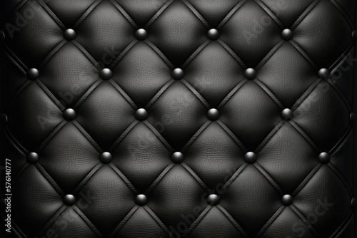 Black leather sofa, chesterfield style background. VIP interior classic repeat pattern. Rich upholstery lounge bar banner. Dark luxury skin texture