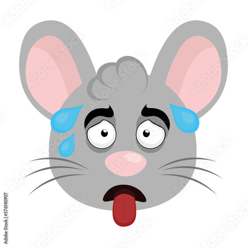 vector illustration face of a cartoon mouse exhausted, with the tongue out and sweat drops on the head