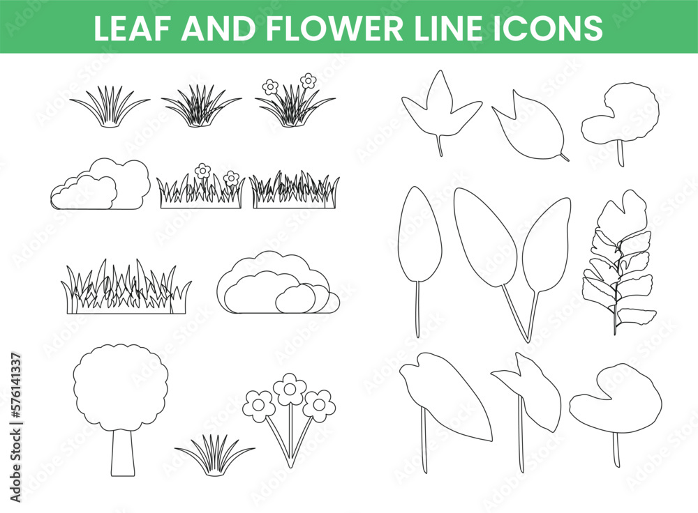 Bundle of leaf and flower line icons for nature and environment theme