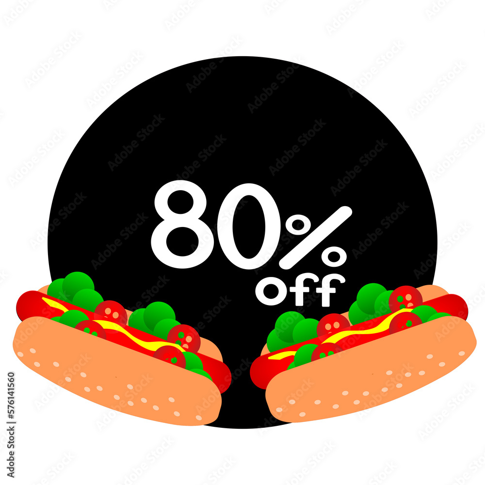 80% off inside black circle with hot dog. Eighty percent off hot dog 80% off inside black circle with hot dog. Eighty percent off hot dog