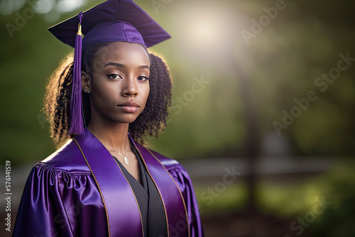 African American woman graduate wearing purple cap and gown. Generative AI photo