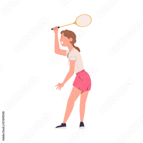 Happy girl playing tennis. Smiling girl in t-shirt and shorts training with racket cartoon vector illustration