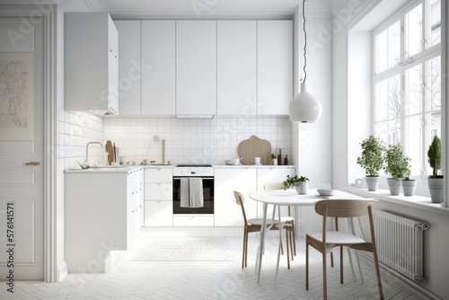 modern kitchen interior design in a house, white colored decoration design, natural light from windows, generative ai, 3D rendered 
