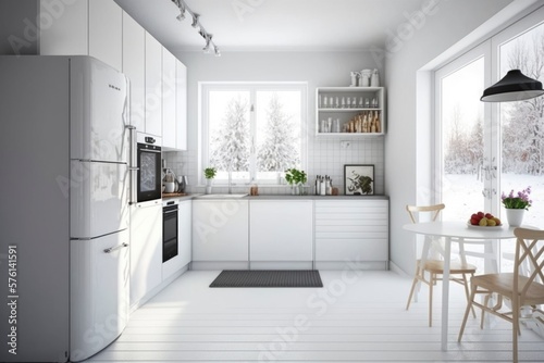 modern kitchen interior design in a house  white colored decoration design  natural light from windows  generative ai  3D rendered 