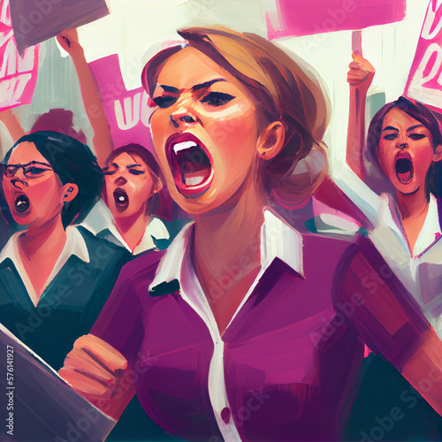 Professional, Empowered Female Office Workers Protesting, 4k, Painting 