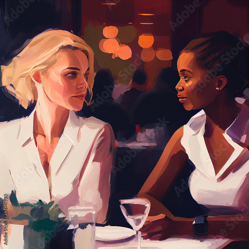 Professional, Empowered Business Women in restaurant enjoying Lunch, 4k, Painting
