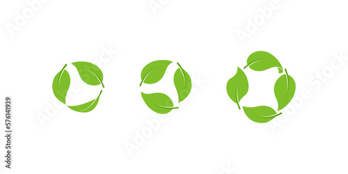 Leaf circle, green eco icon, nature plant, recycle organic symbol, ecology label. Environment emblem. Zero waste. Biodegradable recyclable plastic free package concept. Sprout herb illustration