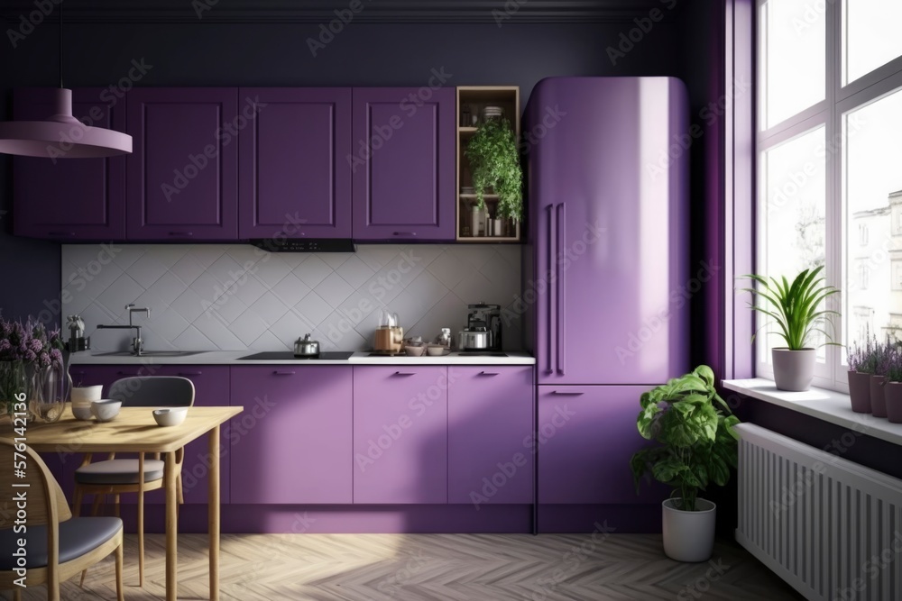 Fototapeta premium modern kitchen interior design in a house, purple colored decoration design, natural light from windows, generative ai, 3D rendered 
