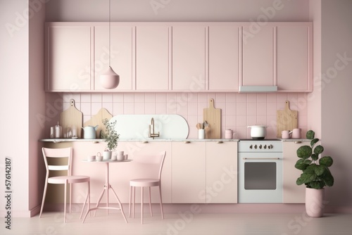 modern kitchen interior design in a house  pink colored decoration design  natural light from windows  generative ai  3D rendered 