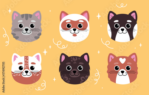 Set of different breeds cat. Collection of heads of cute and adorable animals  pets. Toy or mascot for children. Social media sticker. Cartoon flat vector illustrations isolated on yellow background