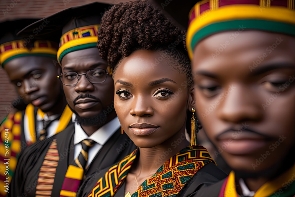 African American graduates wearing kente cap and gown. Generative AI African American graduates wearing kente cap and gown. Generative AI