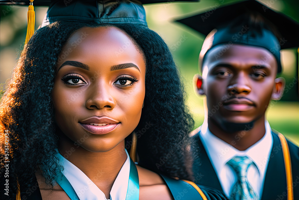 African American woman graduate wearing cap and gown. Generative AI African American woman graduate wearing cap and gown. Generative AI