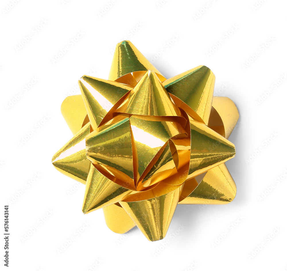 Bow made of golden ribbon on white background Bow made of golden ribbon on white background