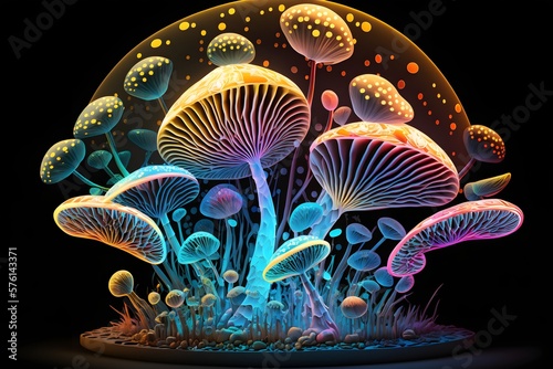 Fantastic color rainbow glowing mushrooms in a mysterious dark forest close-up. Beautiful macro shot of a magic mushroom  fungus. Art design border. Magic light. Generative AI