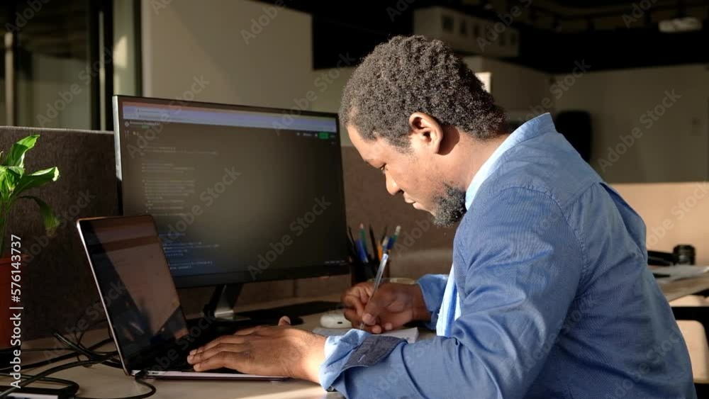 Black Man Writing Lines of Code On Desktop PC With Two Monitors and a Laptop Aside in Stylish Office. Professional Male Developer Programming Artificial Intelligence Software for Start-Up Company