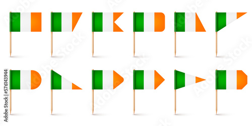 Realistic various Irish toothpick flags. Souvenir from Ireland. Wooden toothpicks with paper flag. Location mark, map pointer. Blank mockup for advertising and promotions. Vector illustration