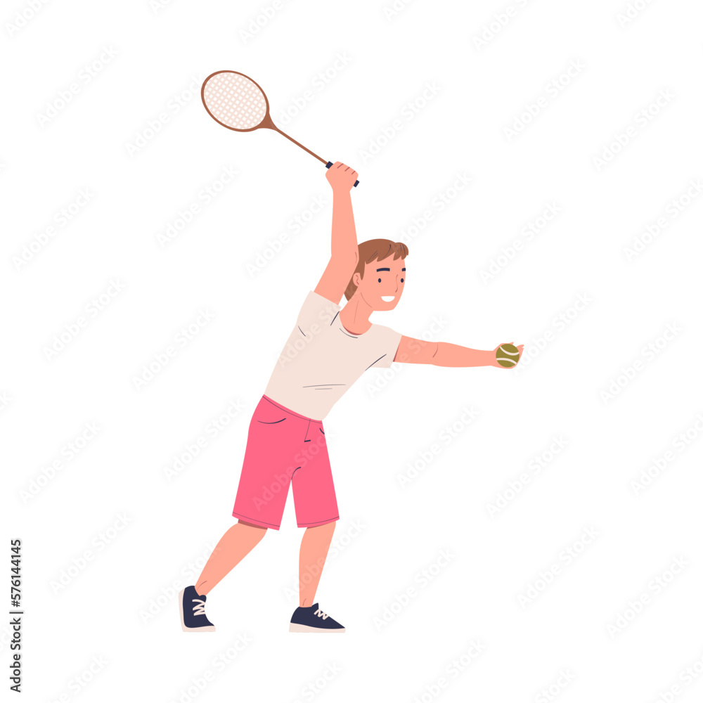 Teenage boy playing tennis. Smiling teenager in white t-shirt and shorts training on court with racket and ball cartoon vector illustration Teenage boy playing tennis. Smiling teenager in white t-shirt and shorts training on court with racket and ball cartoon vector illustration