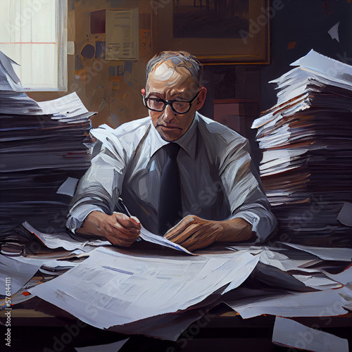 Businessman Up to his Neckin papers, 4k, Painting
