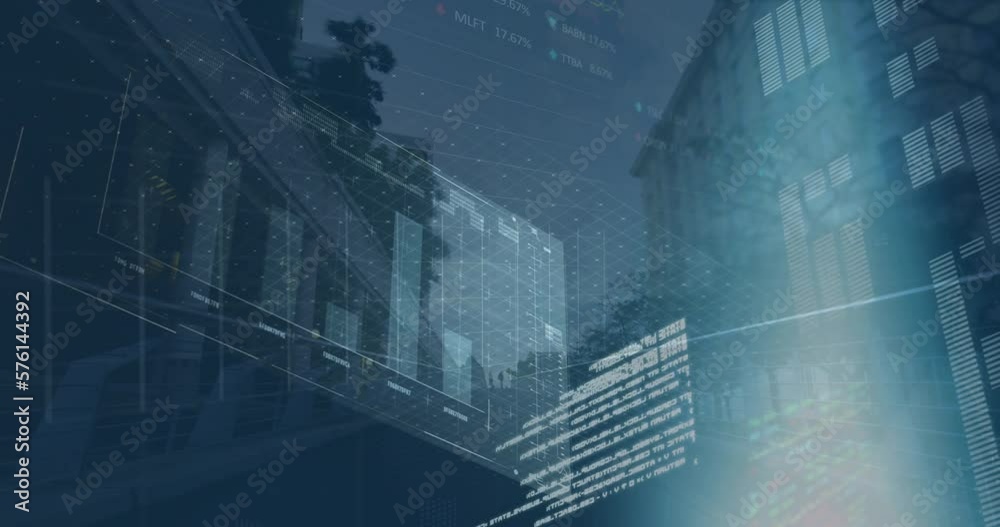 Animation of screens with data processing against time-lapse of people walking on the city bridge Animation of screens with data processing against time-lapse of people walking on the city bridge