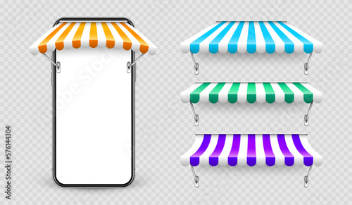 Smartphone with shop sunshade and metal mount, online internet shopping. Realistic striped cafe awning. Outdoor market tent. Roof canopy. Summer street store. Vector illustration