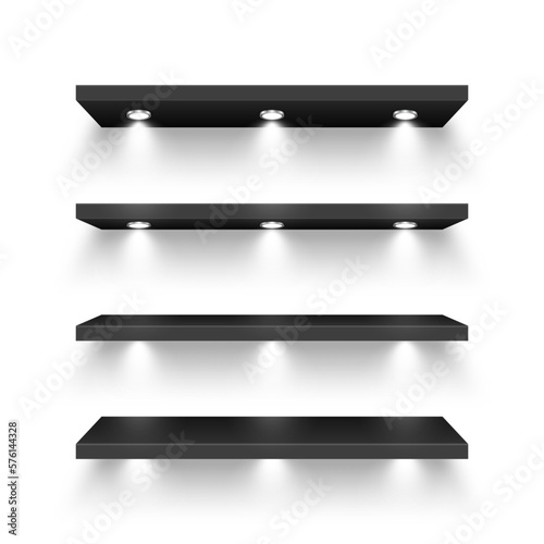 Realistic black store shelves with lighting, spotlights. Empty product shelf, grocery wall rack. Mall and supermarket furniture, bookshelf. Modern interior design element. Vector illustration