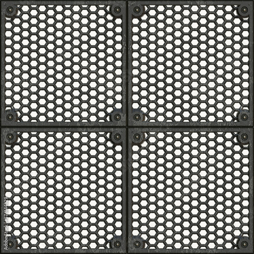 A 3d digital rendering of plates with a hexagon shaped grid seamless on transparent background.
